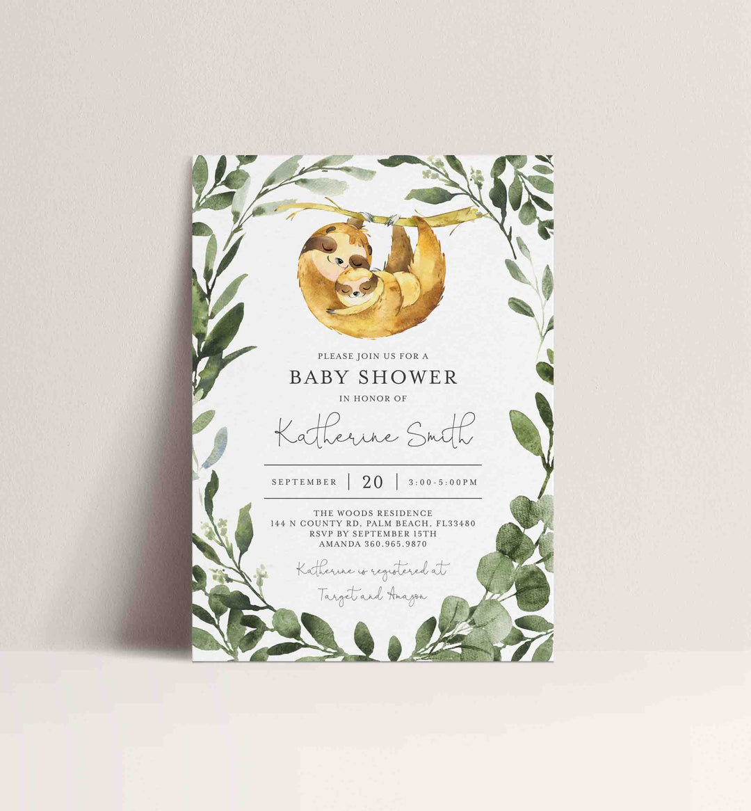 Mummy Baby Sloth Baby Shower Invitation Printable
