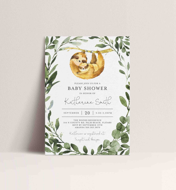 Mummy Baby Sloth Baby Shower Invitation Printable