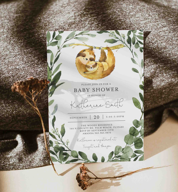 Mummy Baby Sloth Baby Shower Invitation Printable