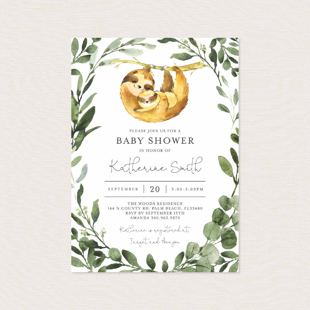 Mummy Baby Sloth Baby Shower Invitation Printable