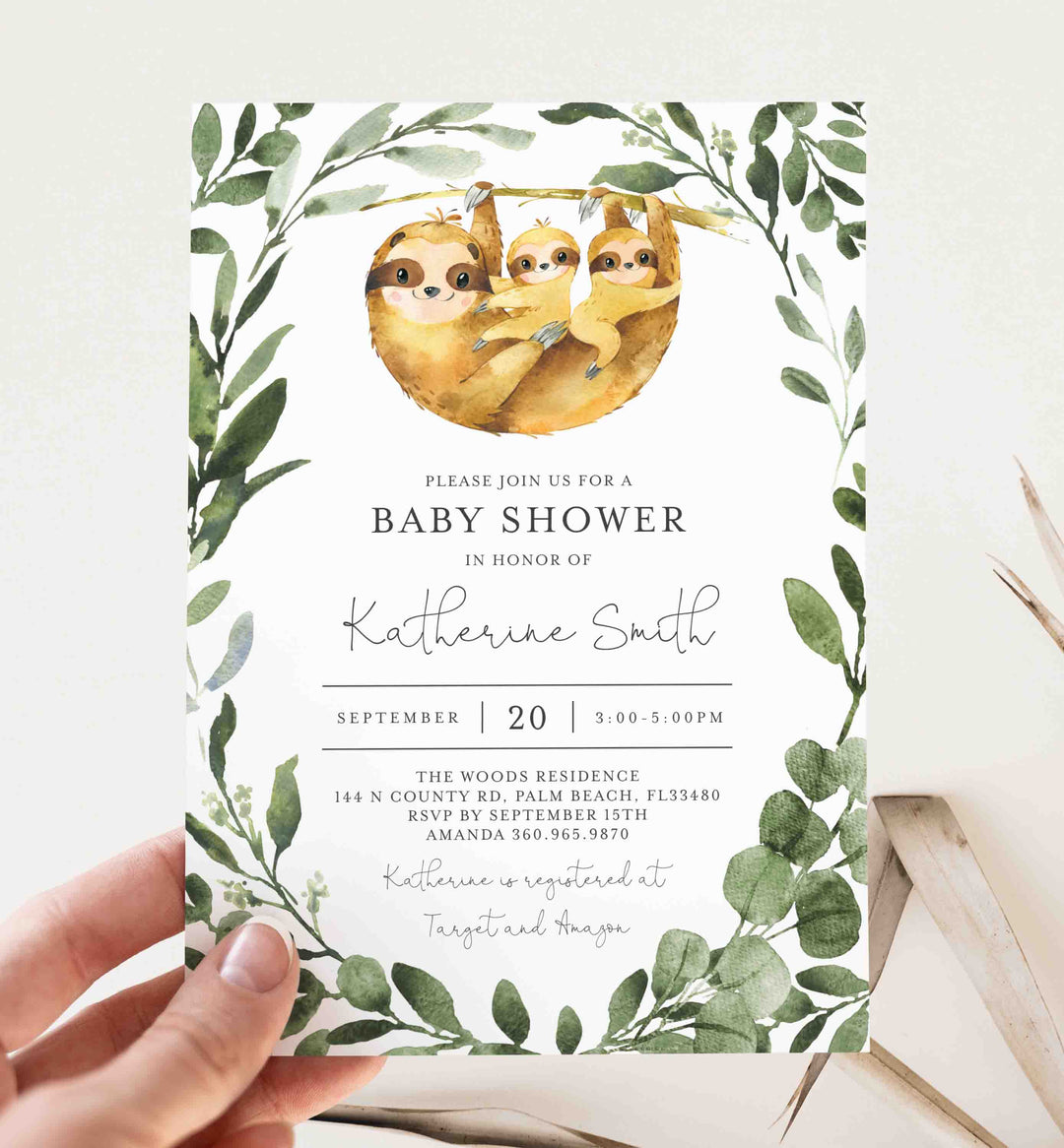 Twin Sloths Baby Shower Invitation Printable