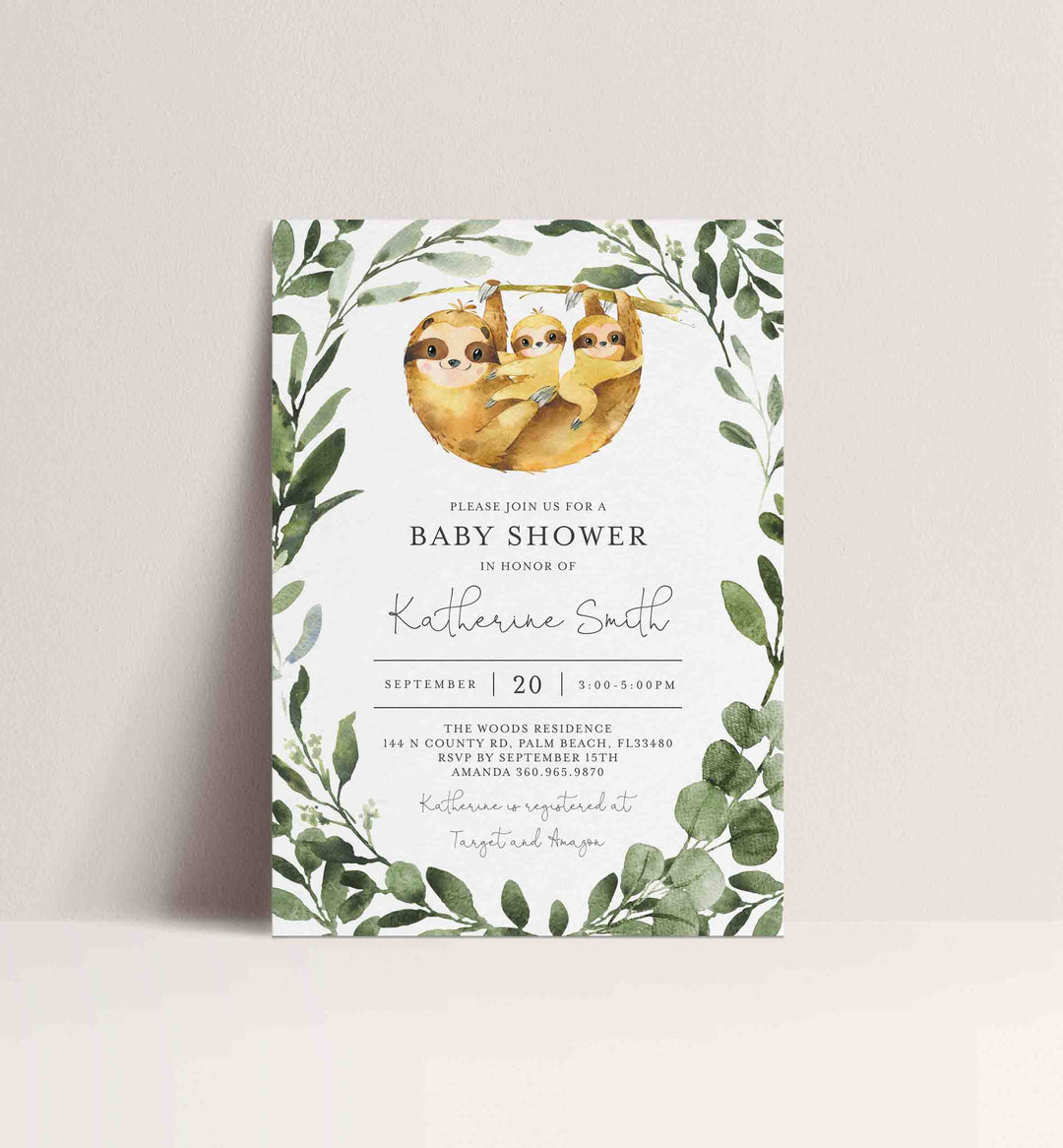 Twin Sloths Baby Shower Invitation Printable