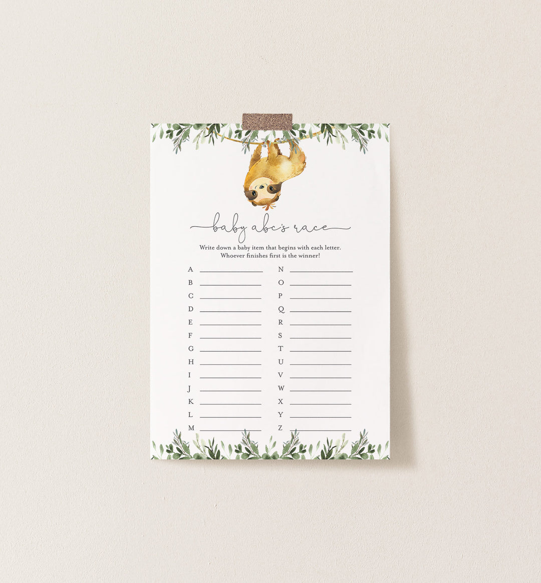 Sloth Baby Shower ABC's Race Game Printable