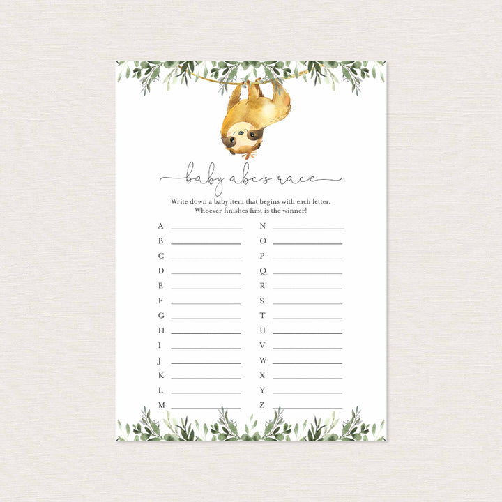 Sloth Baby Shower ABC's Race Game Printable