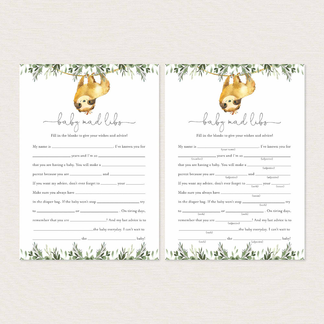 Sloth Baby Shower Mad Libs Printable