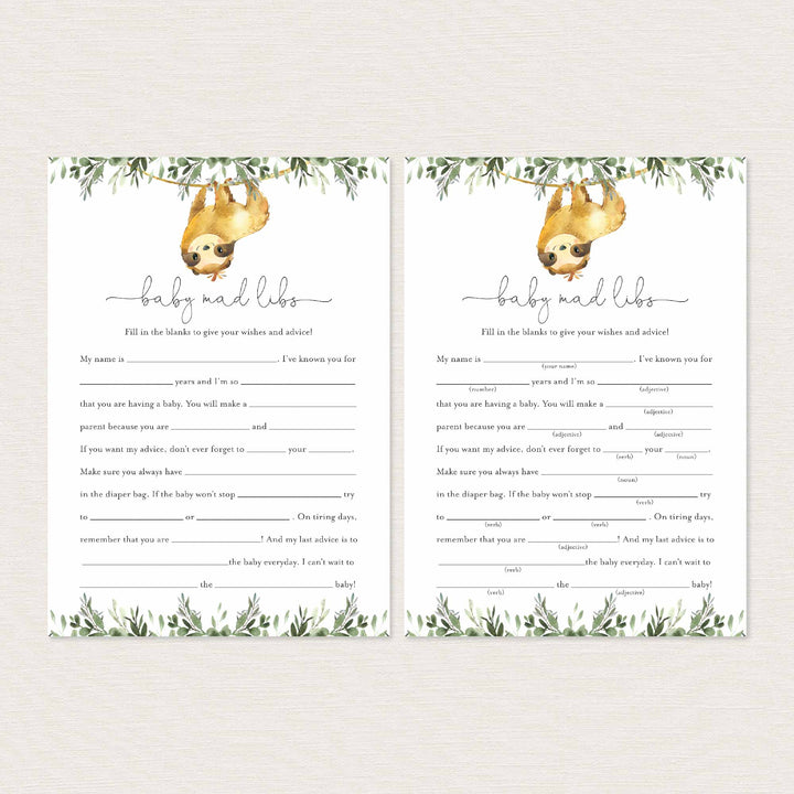Sloth Baby Shower Mad Libs Printable