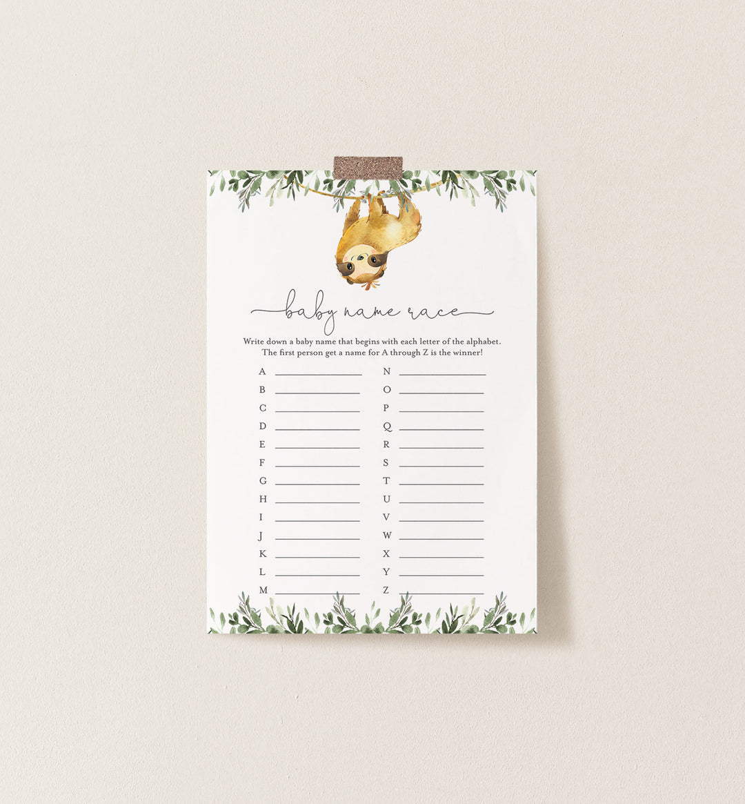 Sloth Baby Shower Name Race Game Printable