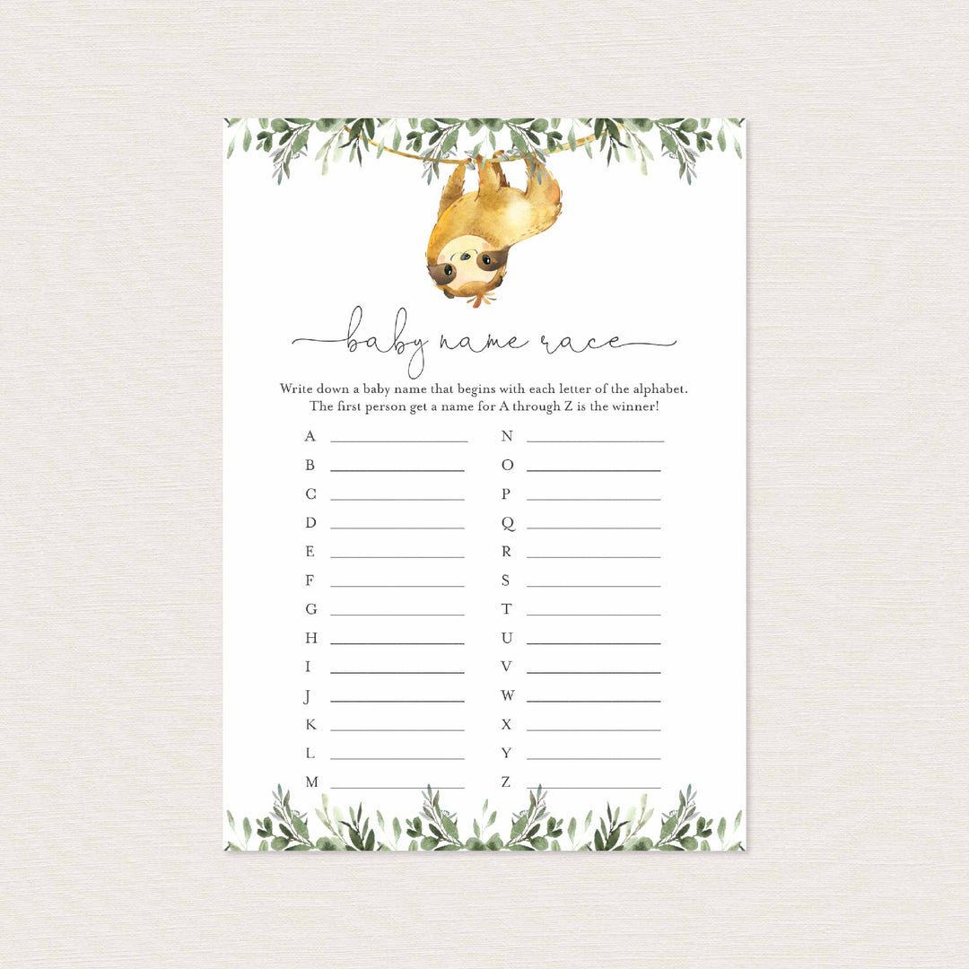Sloth Baby Shower Name Race Game Printable