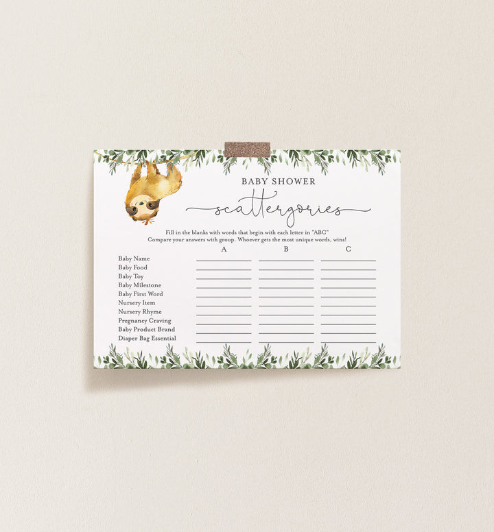 Sloth Baby Shower Scattergories Game Printable