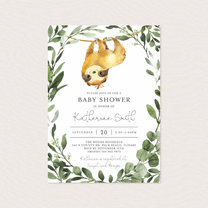 Sloth Baby Shower Invitation Printable