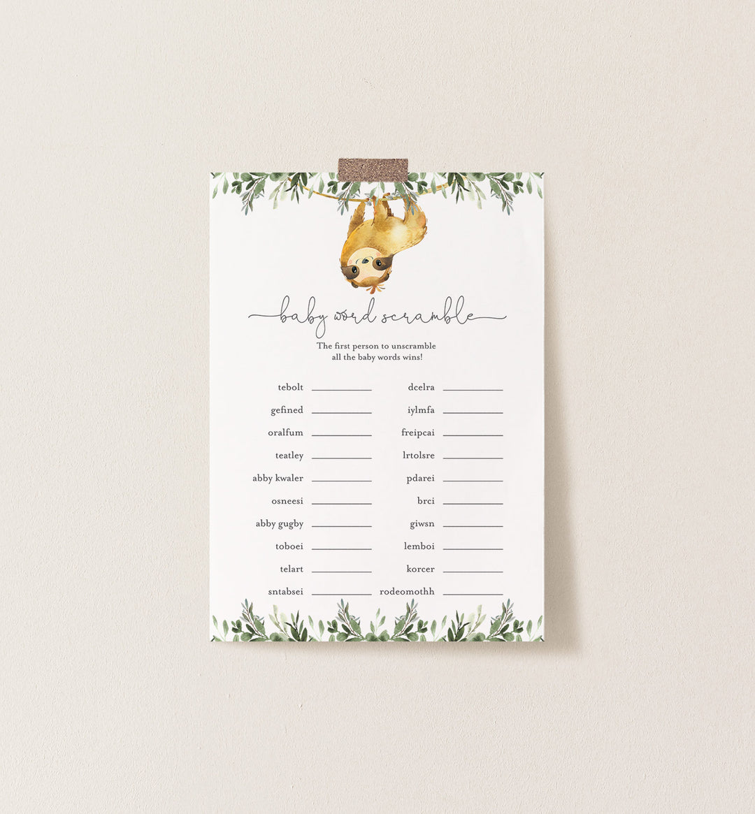 Sloth Baby Shower Word Scramble Game Printable