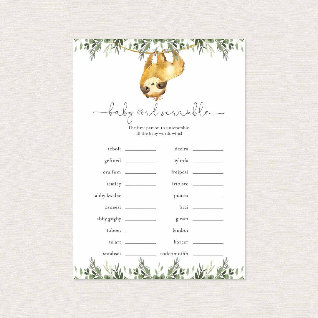 Sloth Baby Shower Word Scramble Game Printable
