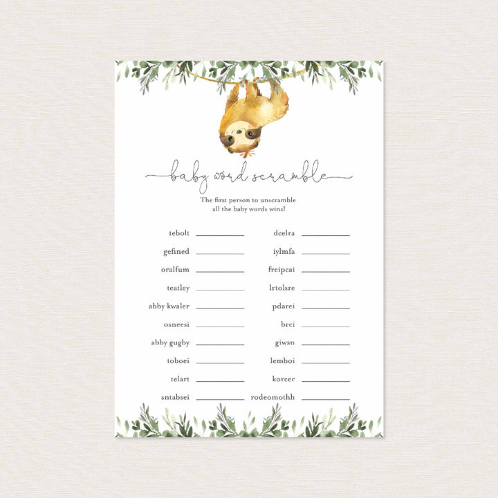 Sloth Baby Shower Word Scramble Game Printable