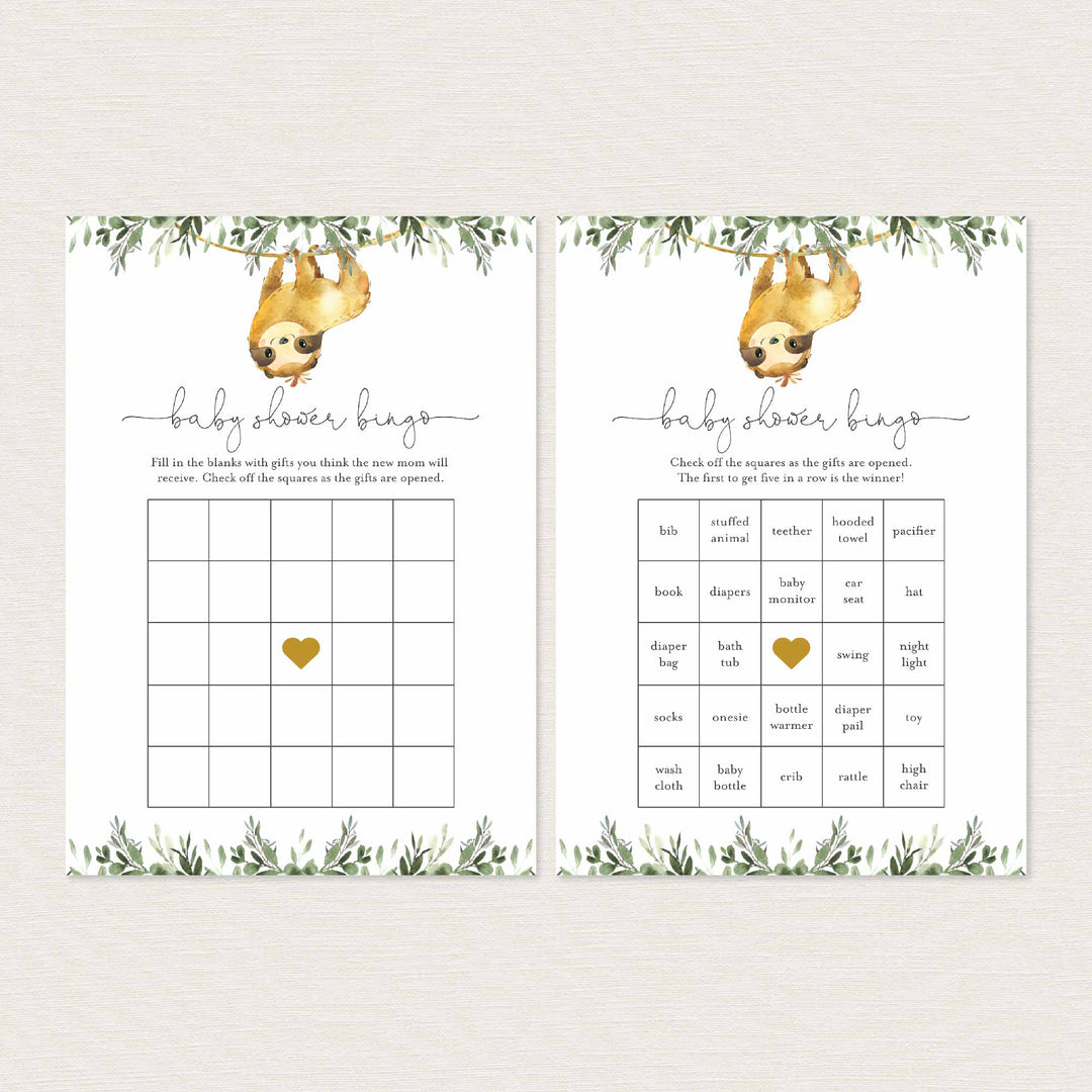 Sloth Baby Shower Bingo Game Printable
