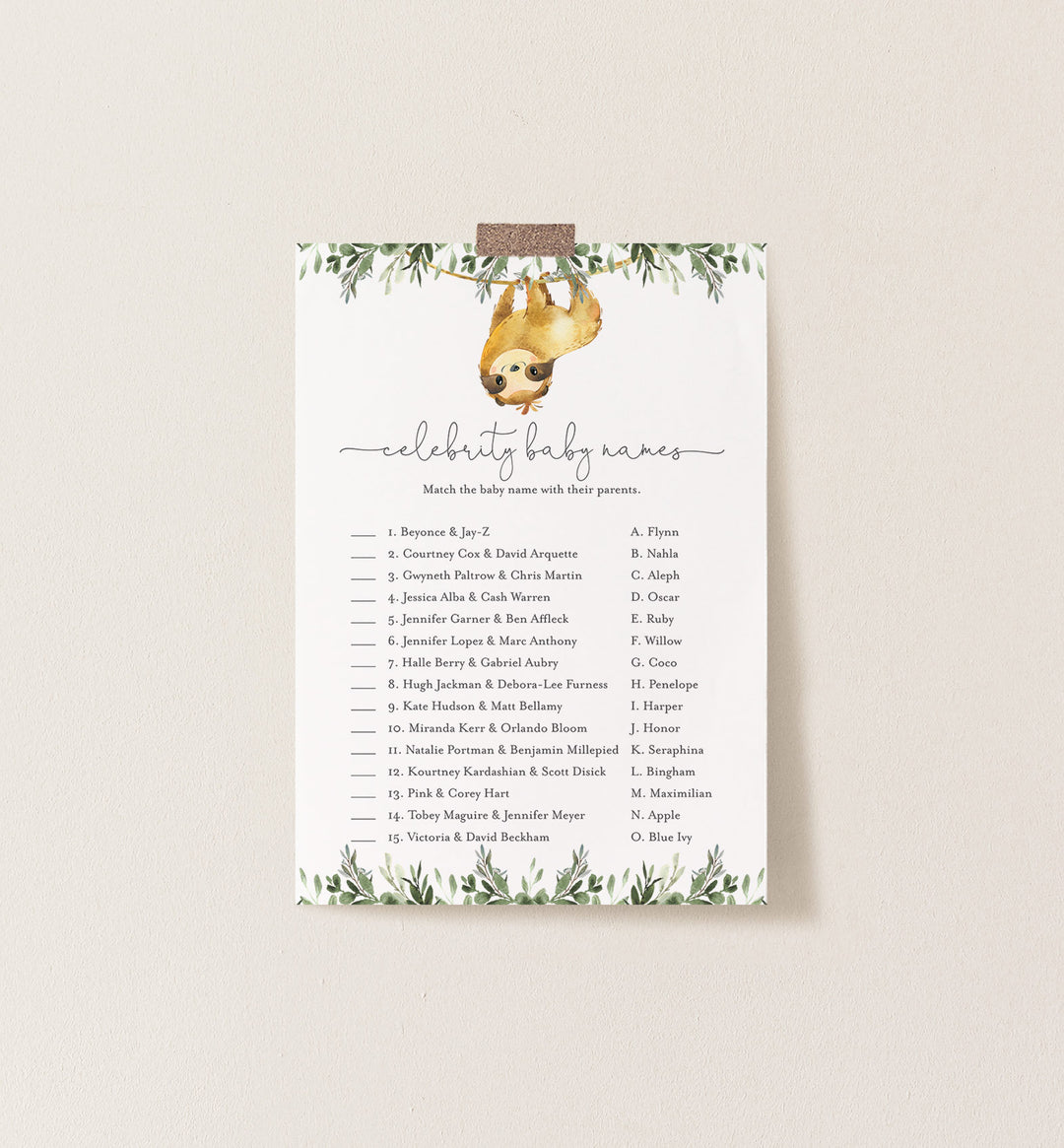 Sloth Baby Shower Celebrity Baby Names Game Printable