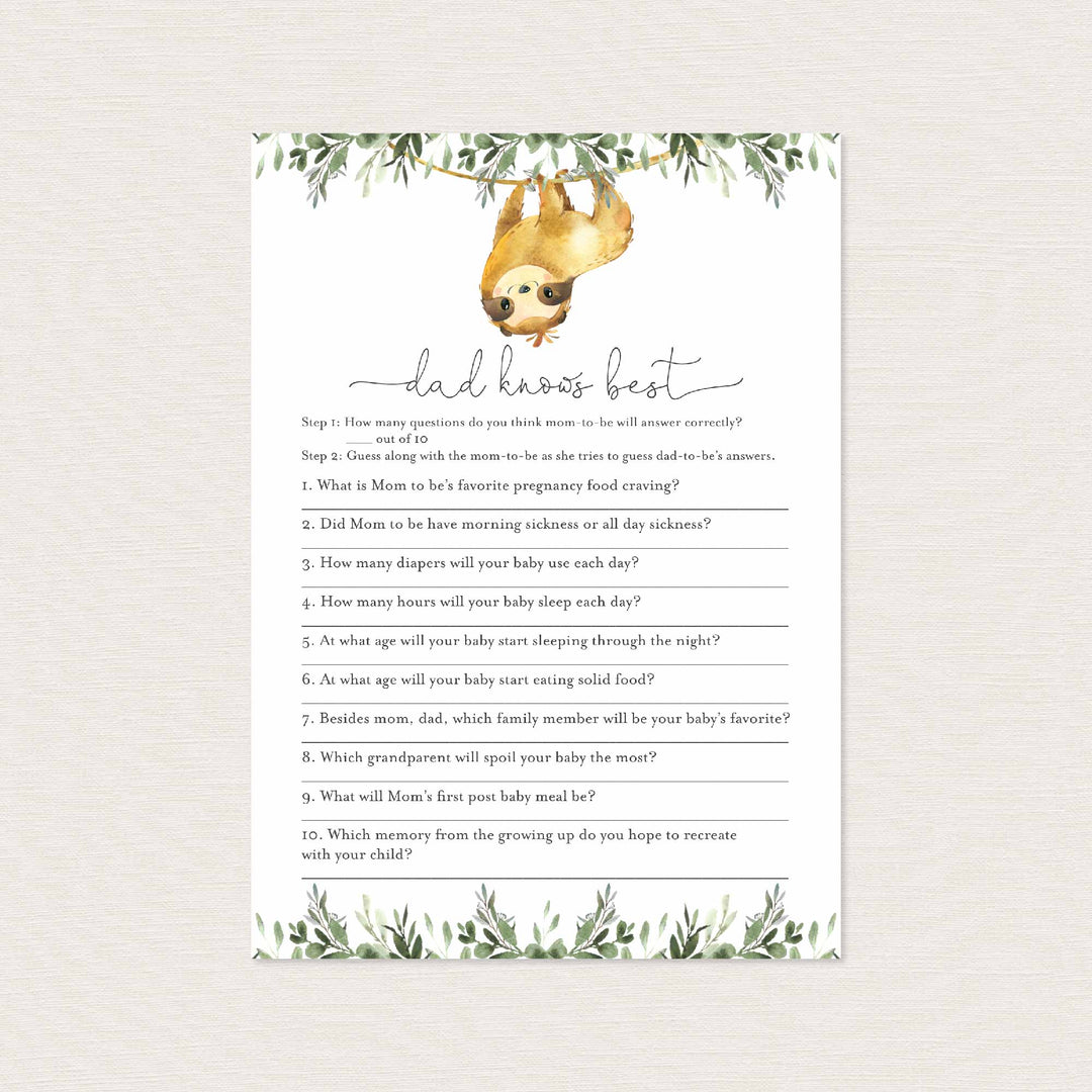 Sloth Baby Shower Dad Knows Best Game Printable