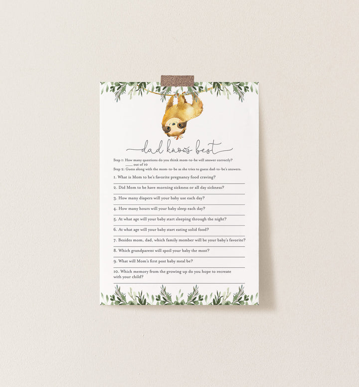 Sloth Baby Shower Dad Knows Best Game Printable