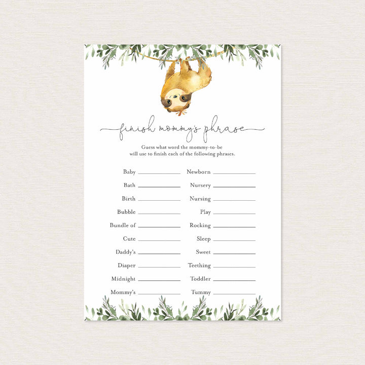 Sloth Baby Shower Finish Mummy's Phrase Game Printable