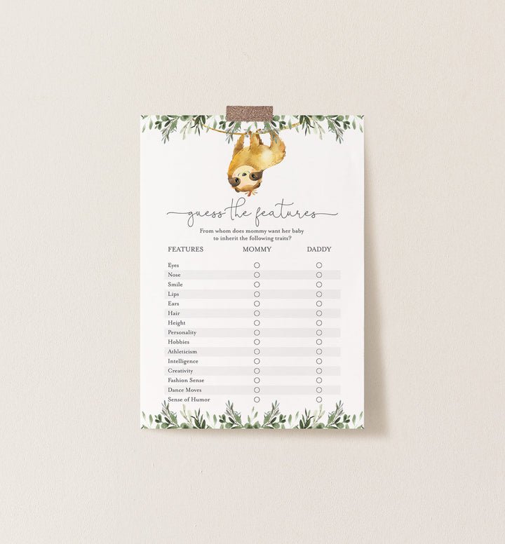 Sloth Baby Shower Guess The Features Game Printable