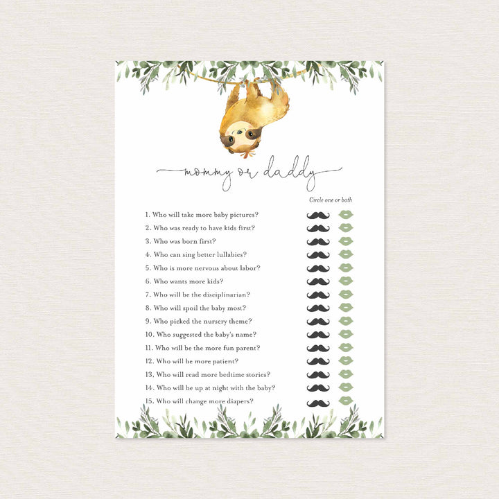 Sloth Baby Shower Mummy or Daddy Game Printable