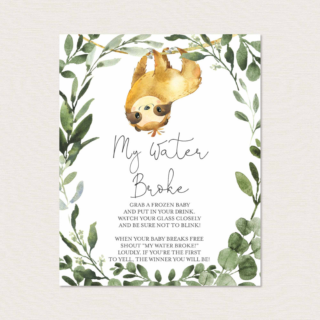 Sloth Baby Shower My Water Broke Game Printable