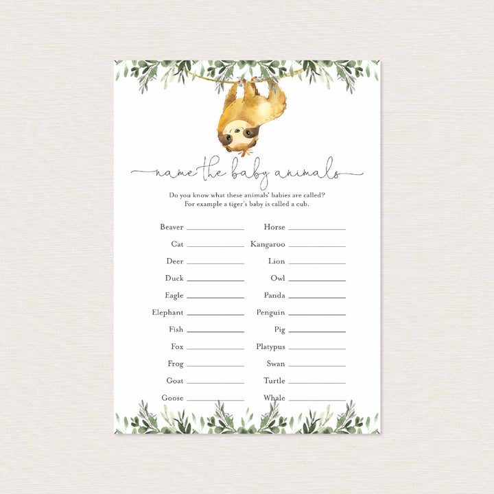 Sloth Baby Shower Name The Baby Animals Game Printable
