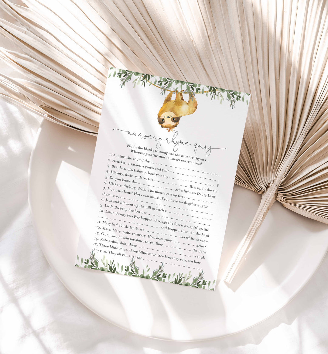 Sloth Baby Shower Nursery Rhyme Quiz Game Printable