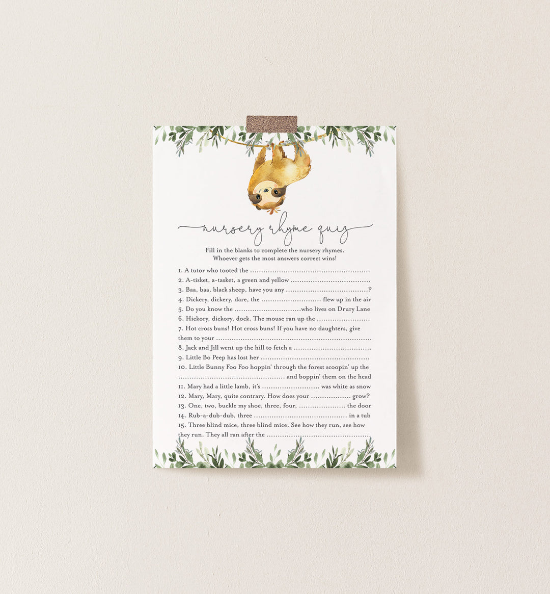 Sloth Baby Shower Nursery Rhyme Quiz Game Printable