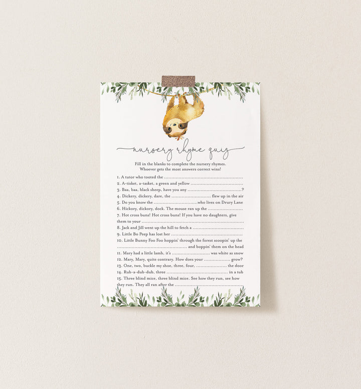 Sloth Baby Shower Nursery Rhyme Quiz Game Printable