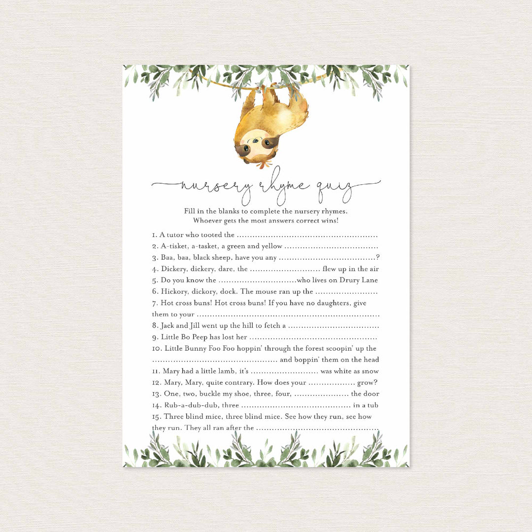 Sloth Baby Shower Nursery Rhyme Quiz Game Printable