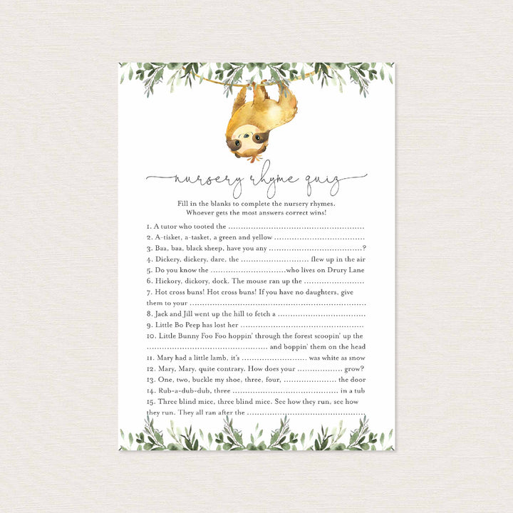 Sloth Baby Shower Nursery Rhyme Quiz Game Printable