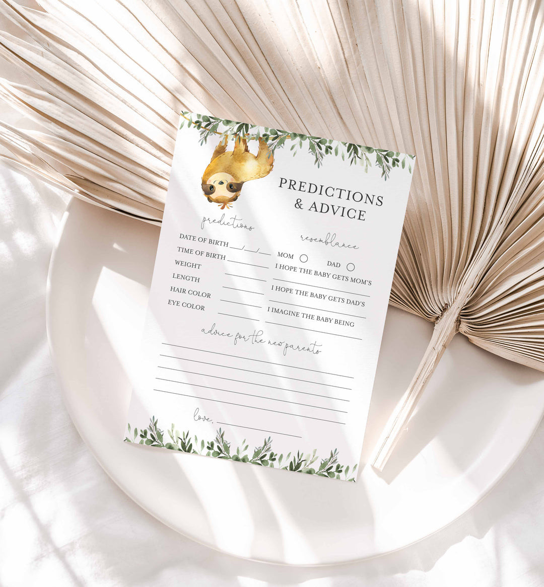 Sloth Baby Shower Predictions and Advice Printable
