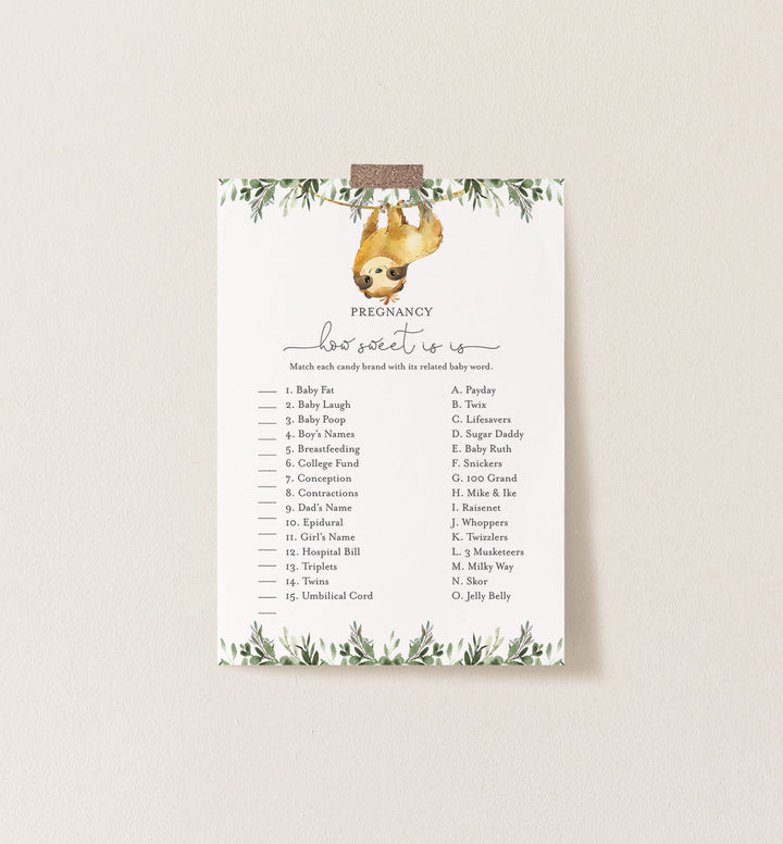 Sloth Baby Shower Pregnancy How Sweet It Is Game Printable