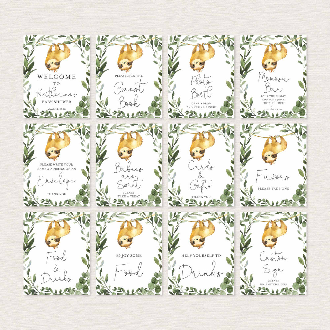 Sloth Baby Shower Table Signs Bundle Printable