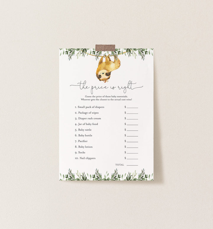 Sloth Baby Shower The Price Is Right Game Printable