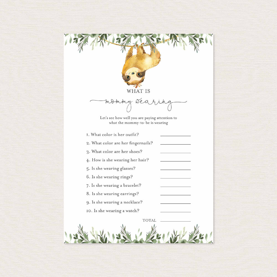 Sloth Baby Shower What Is Mummy Wearing Game Printable
