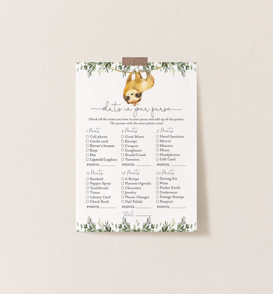 Sloth Baby Shower What's In Your Purse Game Printable