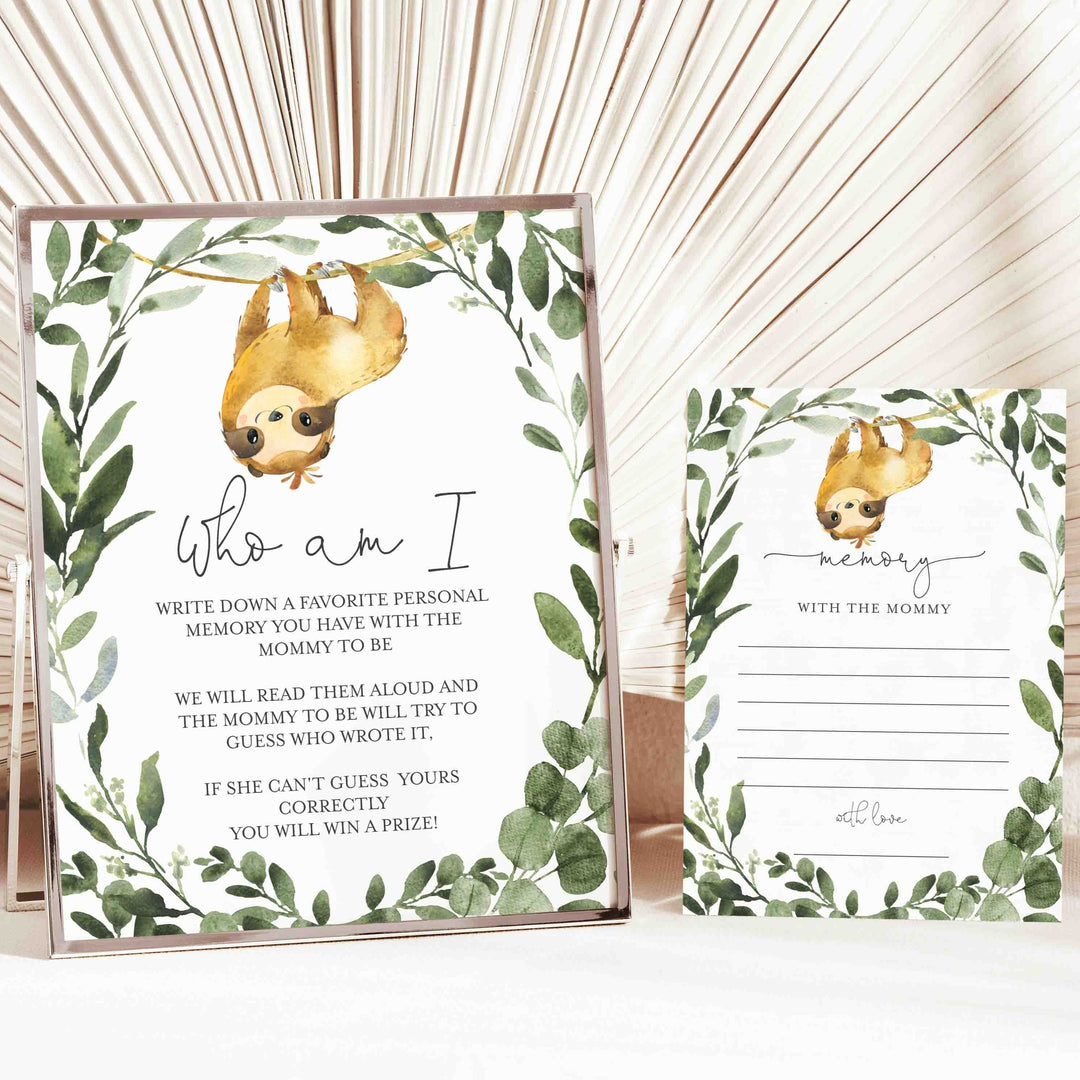 Sloth Baby Shower Who Am I Game Printable