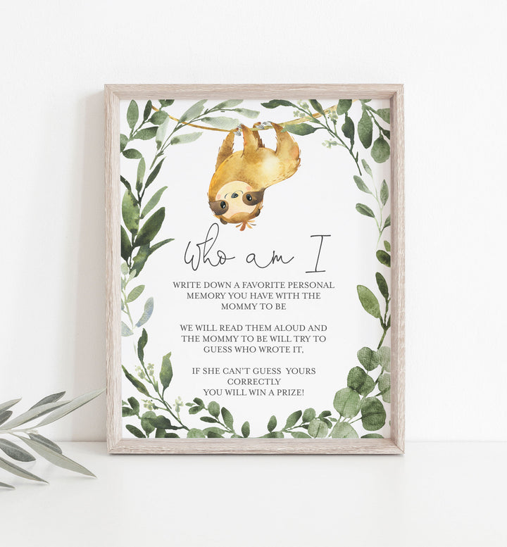 Sloth Baby Shower Who Am I Game Printable