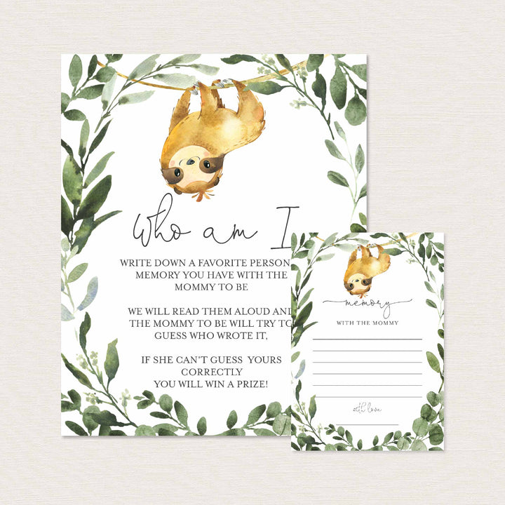 Sloth Baby Shower Who Am I Game Printable