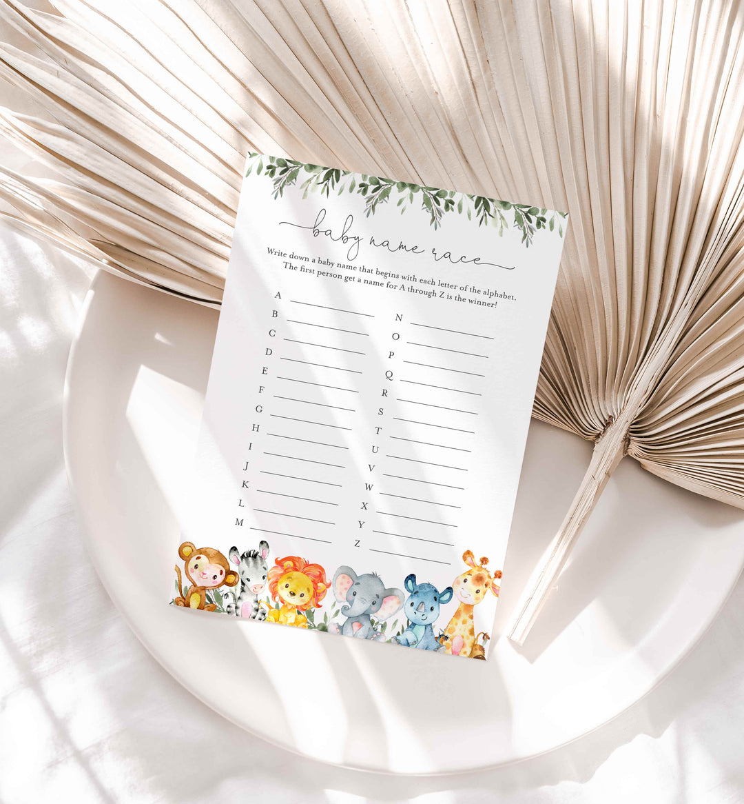 Jungle Animals Baby Shower Name Race Game Printable