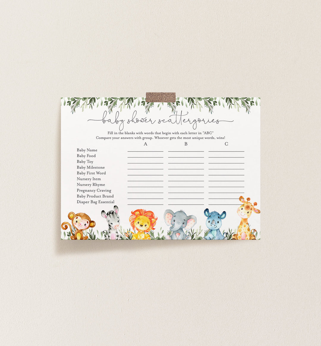 Jungle Animals Baby Shower Scattergories Game Printable