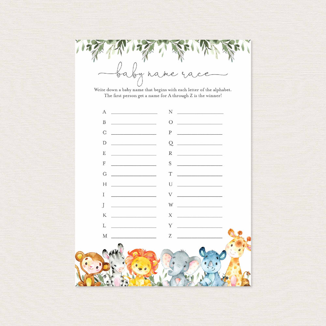 Jungle Animals Baby Shower Name Race Game Printable