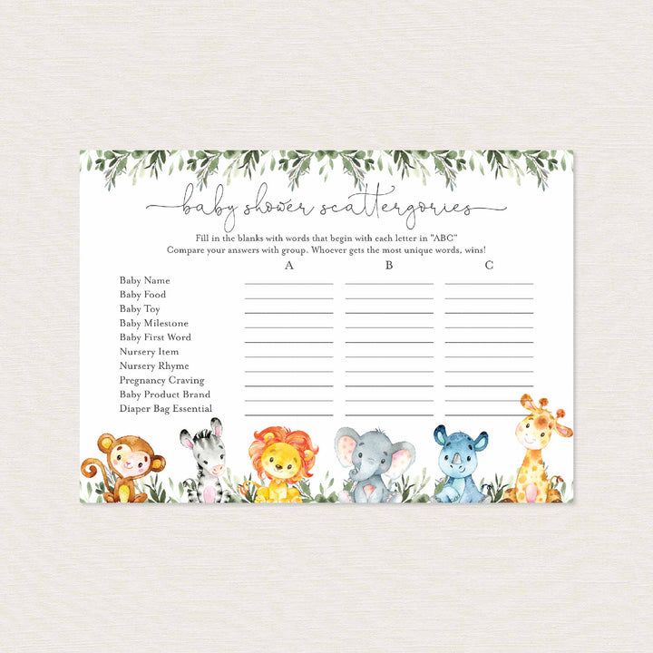 Jungle Animals Baby Shower Scattergories Game Printable