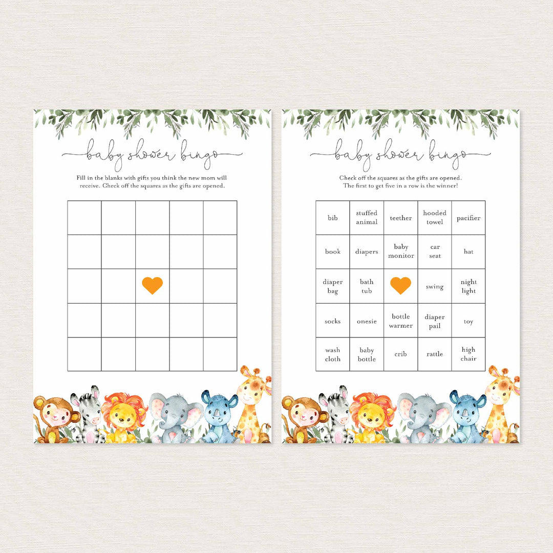 Jungle Animals Baby Shower Bingo Game Printable