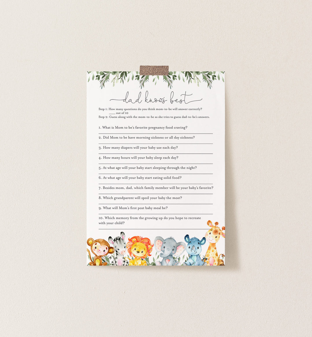 Jungle Animals Baby Shower Dad Knows Best Game Printable