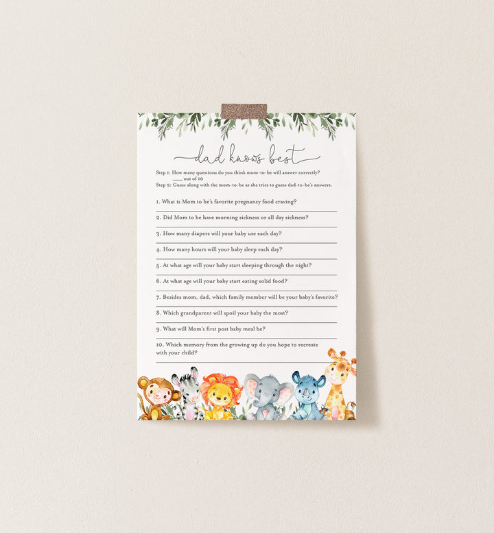 Jungle Animals Baby Shower Dad Knows Best Game Printable