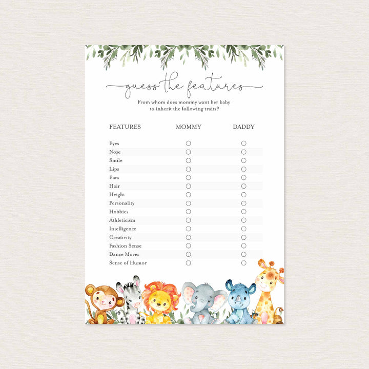 Jungle Animals Baby Shower Guess The Features Game Printable