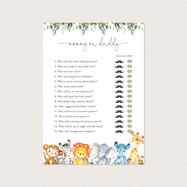 Jungle Animals Baby Shower Mummy or Daddy Game Printable