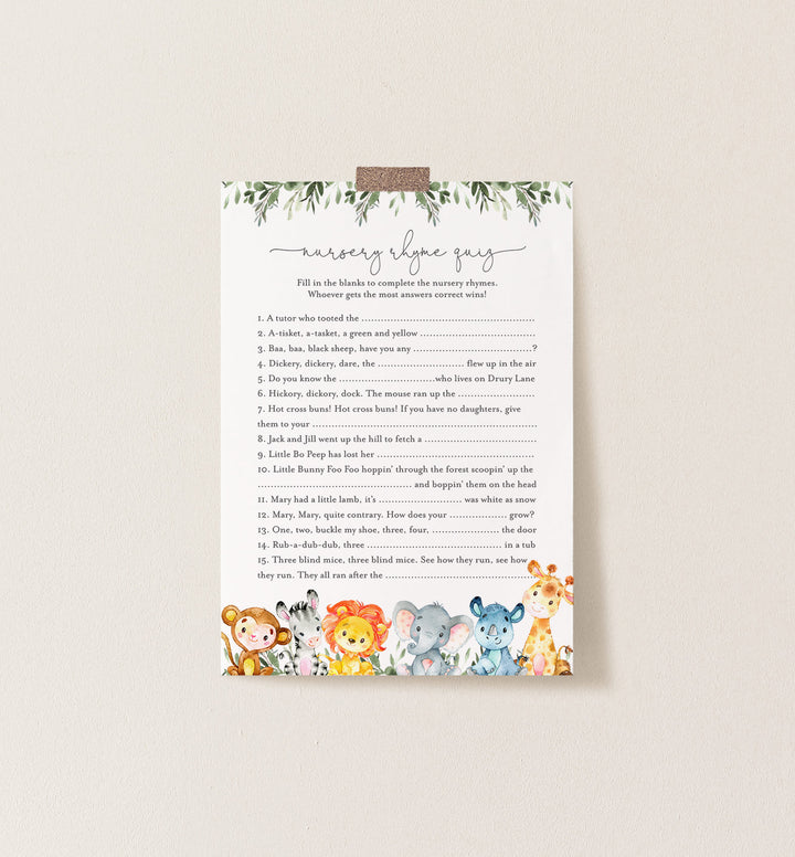 Jungle Animals Baby Shower Nursery Rhyme Quiz Game Printable